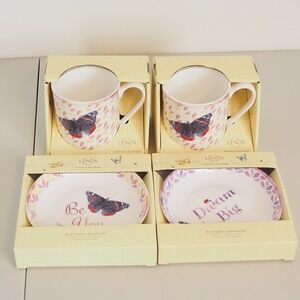 Lenox NIB Butterfly Meadow You Are Awesome Mugs Set of 2‎ with Saucer Dish